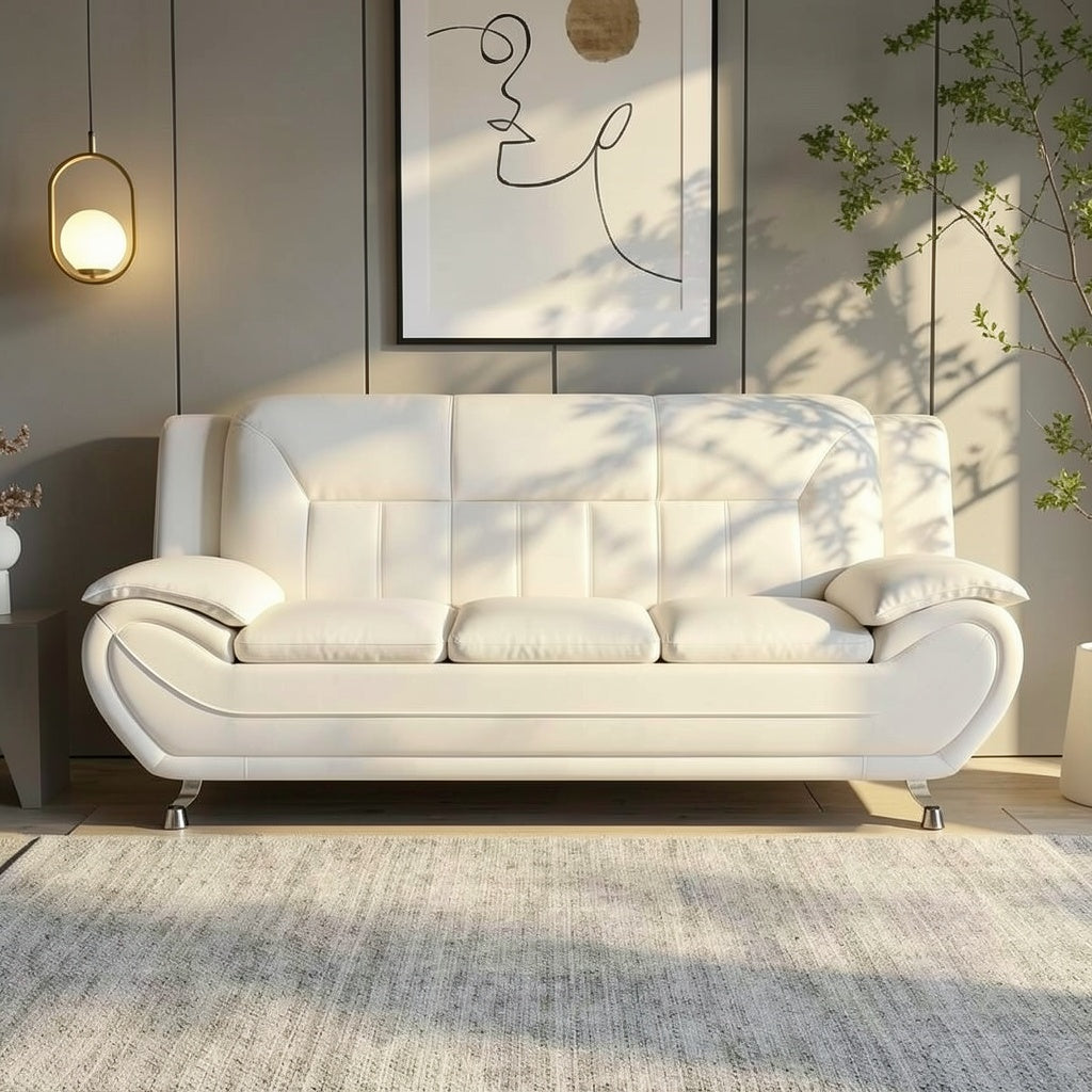 Modern Faux Leather Sofa with Curved Rolled Arms, Padded Back Cushions, and Contemporary 3 Seat Design for Living Room and Office Use - brighthearthhome
