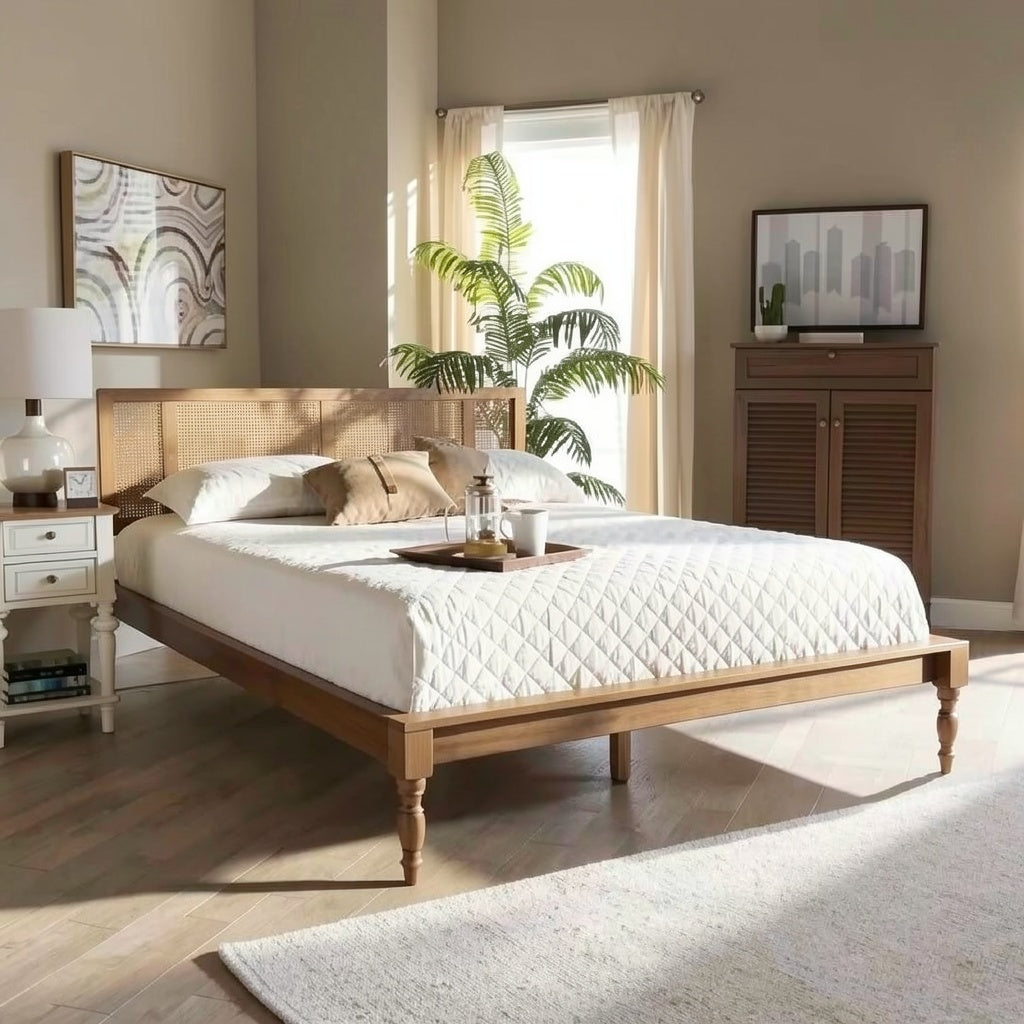 Natural Rattan Platform Bed Frame with Cane Headboard, Wood Slat Support, and Open Underbed Clearance for Modern Bedroom Use - brighthearthhome