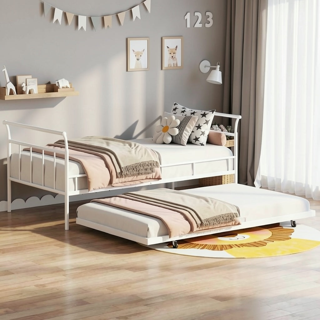 Twin Metal Daybed Frame with Pull Out Trundle, Guardrail Sides, and Space Saving Design for Bedroom, Guest Room, and Kids Room Use - brighthearthhome