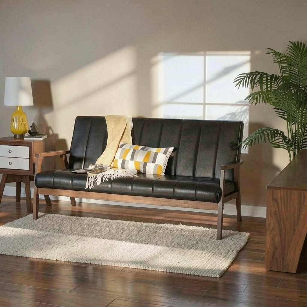 Mid Century Faux Leather Sofa with Tufted Back, Exposed Wood Frame, and Compact Lounge Design for Living Room, Office, and Apartment Use - brighthearthhome