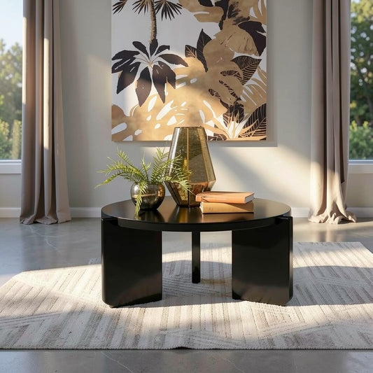 Modern Round Coffee Table with Black Finish, Sculptural Panel Base, and Contemporary Accent Design for Living Room Use - brighthearthhome