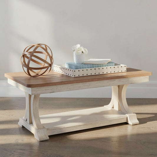 Two Tone Rectangular Coffee Table with Open Lower Shelf, Farmhouse Trestle Base, and Rustic Wood Top for Living Room and Lounge Use - brighthearthhome