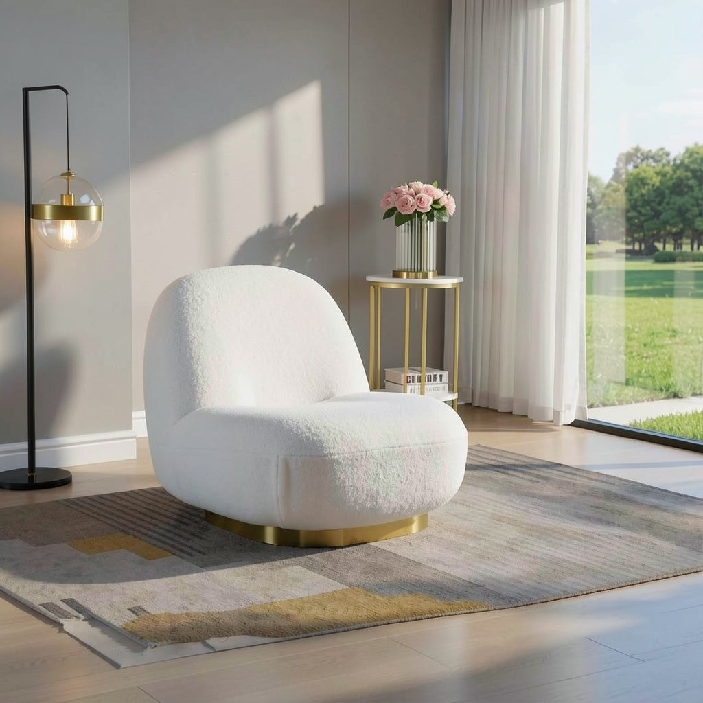 Boucle Swivel Accent Chair with Gold Base, Barrel Silhouette, and Modern Lounge Seating for Living Room, Bedroom, and Reading Corner Use - brighthearthhome