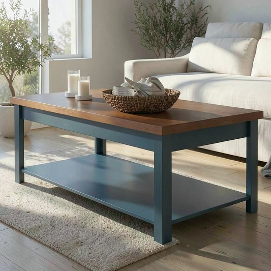 48 Inch Two Tone Coffee Table with Lower Open Shelf, Wood Top, and Rectangular Storage Design for Living Room and Lounge Use - brighthearthhome