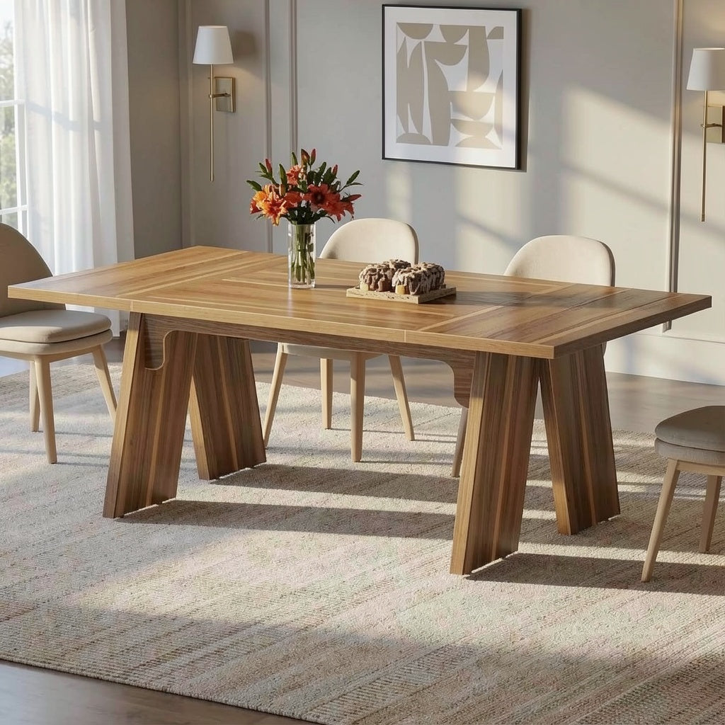 71 Inch Farmhouse Dining Table with Natural Wood Finish, Double Pedestal Base, and Rectangular Top for Dining Room and Kitchen Use - brighthearthhome
