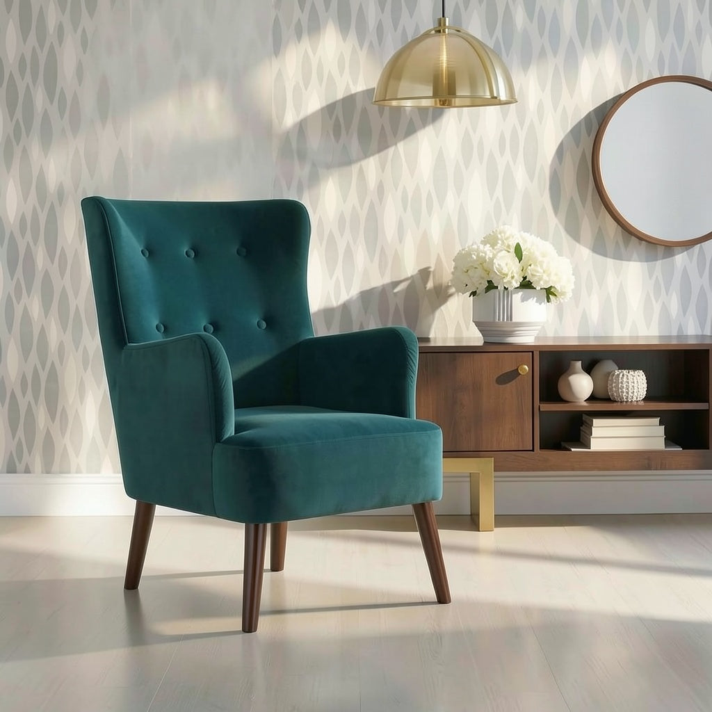 Tufted Velvet Accent Chair with High Wing Back, Rolled Arms, and Tapered Wood Legs for Living Room, Bedroom, and Reading Corner Use - brighthearthhome