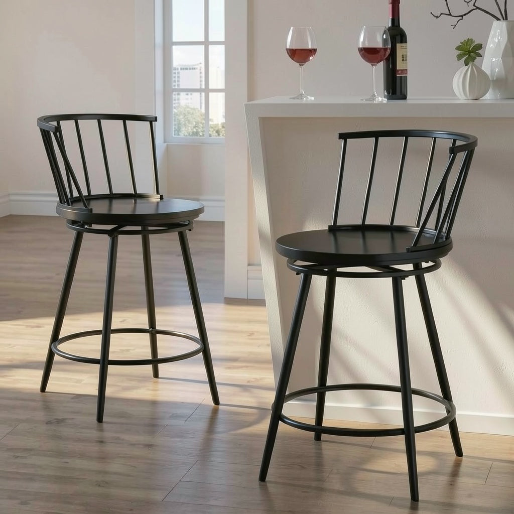 Set of 2 Black Swivel Counter Stools with Curved Spindle Back, Round Footrest Ring, and Metal Frame for Kitchen Island and Home Bar Use - brighthearthhome