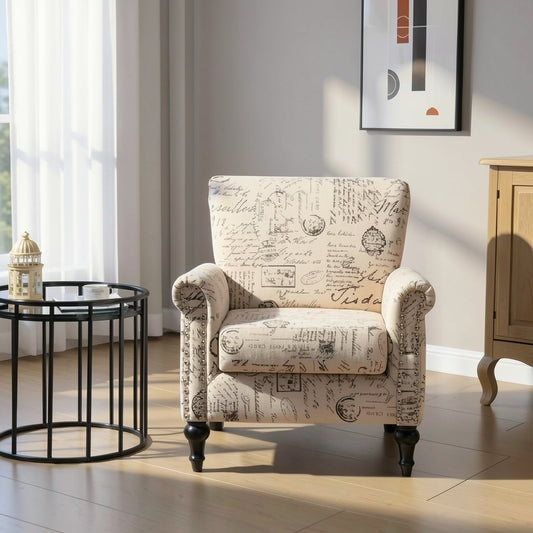 Vintage Script Print Accent Chair with Rolled Arms, Upholstered Seat, and Classic Lounge Design for Living Room, Bedroom, and Reading Corner Use - brighthearthhome