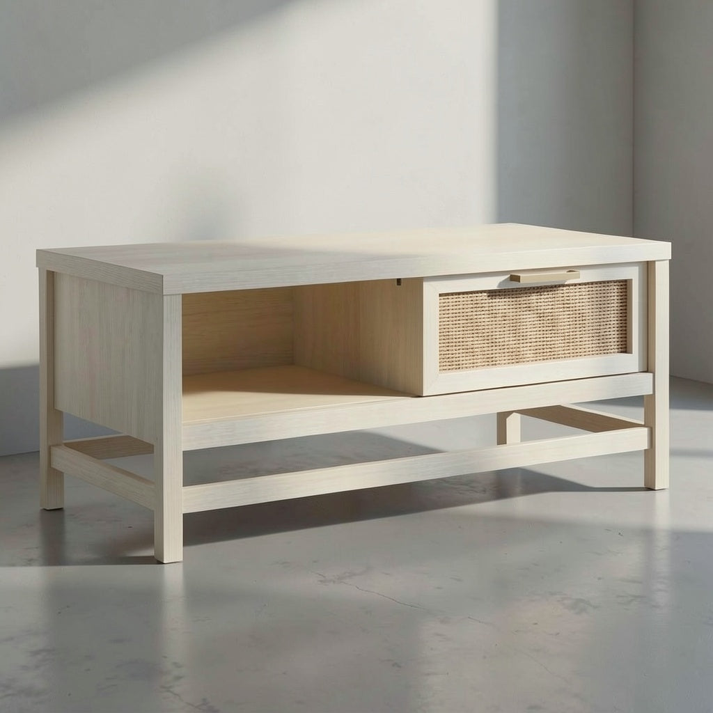 Light Oak Coffee Table with Cane Front Drawer, Open Cubby Storage, and Modern Casual Design for Living Room Use - brighthearthhome