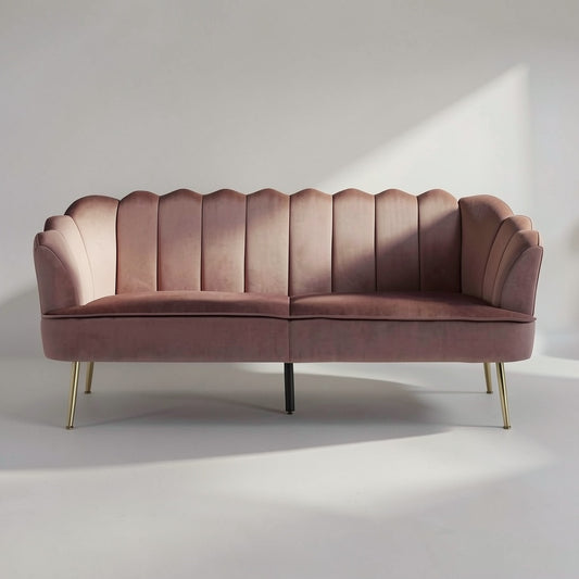 76.25 Inch Velvet 3 Seater Sofa with Scalloped Channel Back, Gold Metal Legs, and Glam Modern Design for Living Room and Lounge Use - brighthearthhome