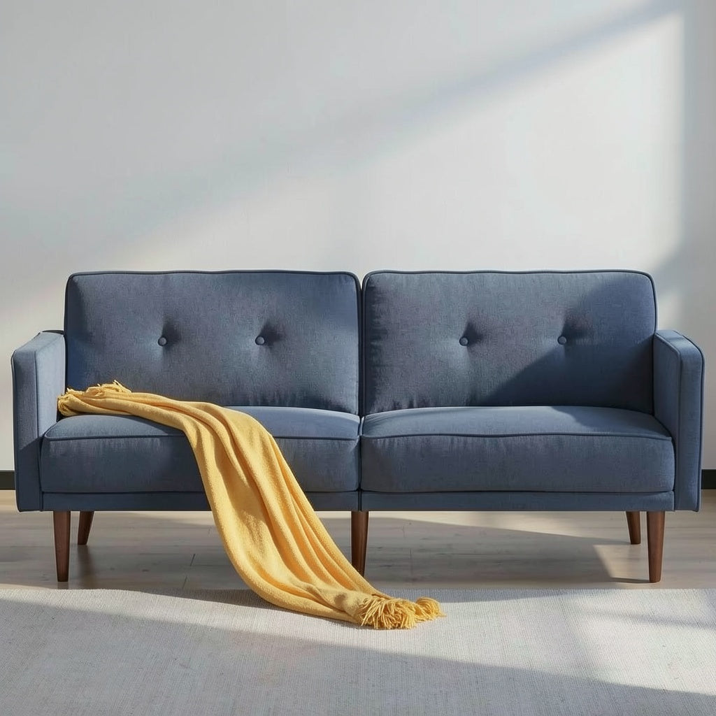 Convertible Futon Sofa Bed with Tufted Back Cushions, Mid Century Wood Legs, and Compact 3 Seat Design for Living Room and Guest Room Use - brighthearthhome