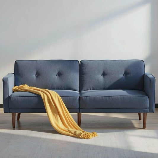 Convertible Futon Sofa Bed with Tufted Back Cushions, Mid Century Wood Legs, and Compact 3 Seat Design for Living Room and Guest Room Use - brighthearthhome