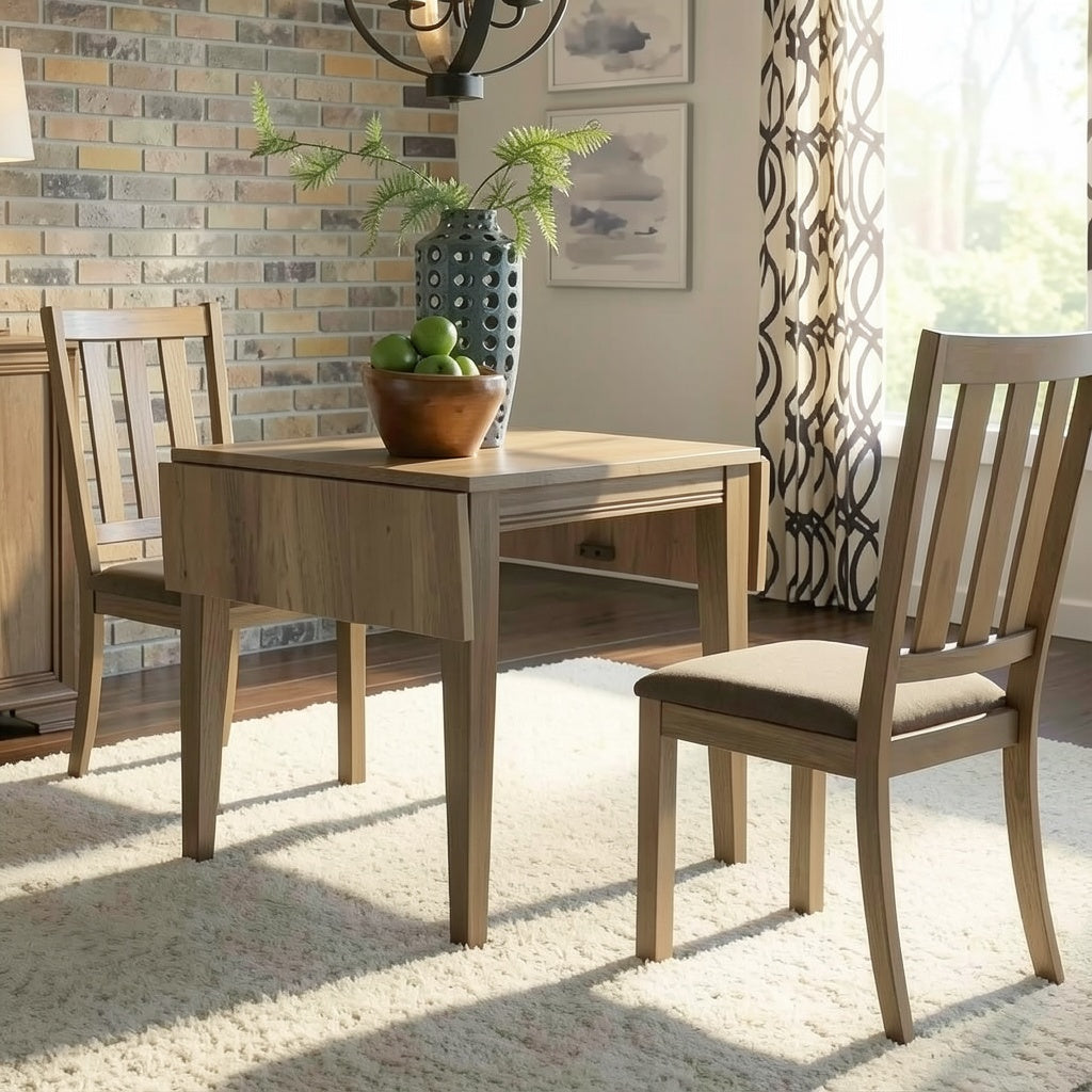 Compact Drop Leaf Dining Table with Drawer, Lower Open Shelf, and Space Saving Wood Design for Kitchen, Breakfast Nook, and Small Dining Room Use - brighthearthhome