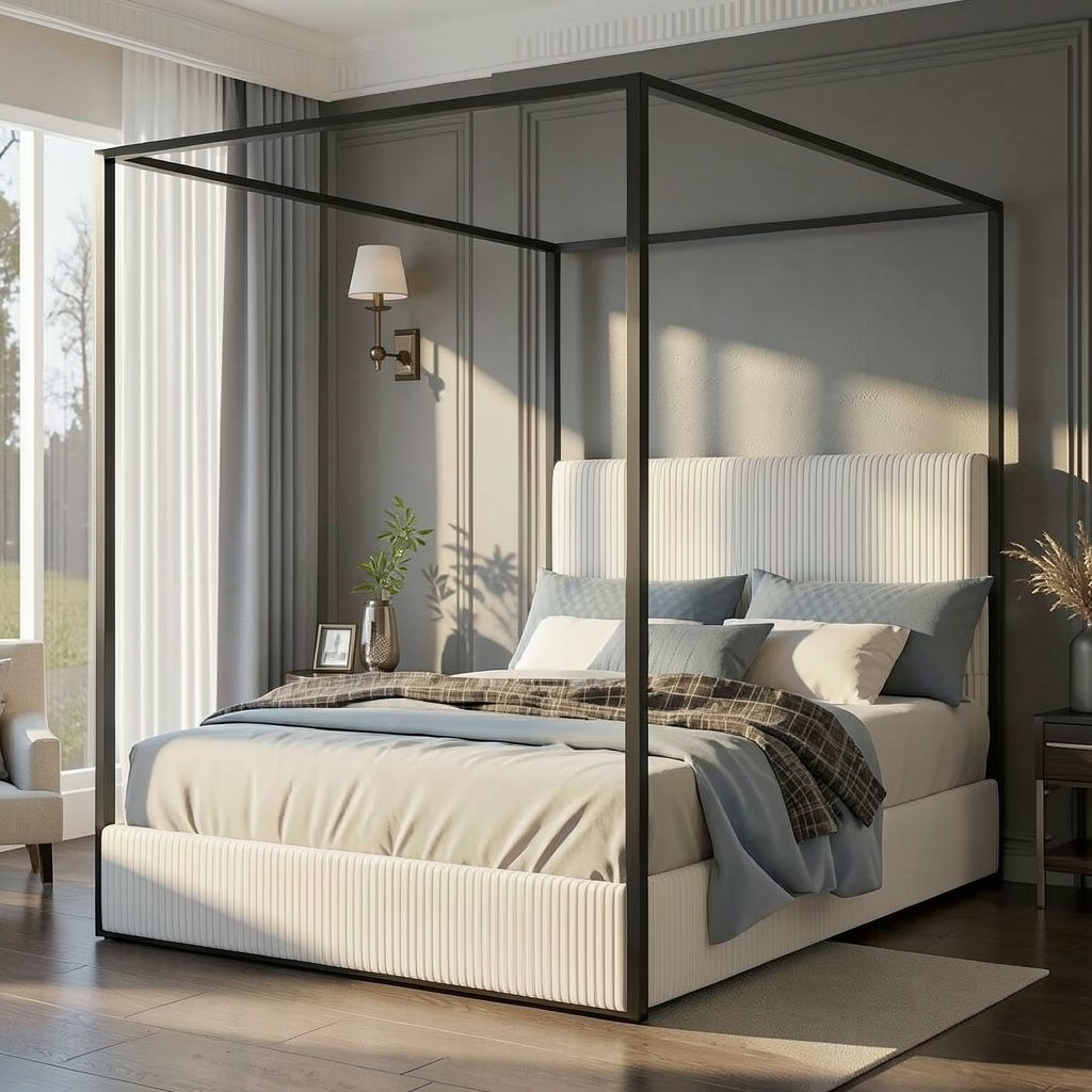 Upholstered Canopy Bed with Vertical Channel Headboard, Black Metal Frame, and Modern Platform Design for Bedroom Use - brighthearthhome