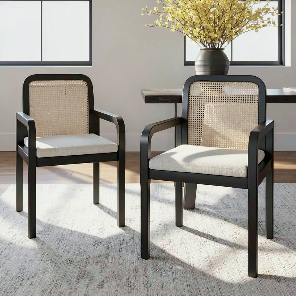 Set of 2 Rattan Back Dining Chairs with Black Rubber Wood Frame, Upholstered Seat, and Modern Armchair Design for Dining Room and Kitchen Use - brighthearthhome