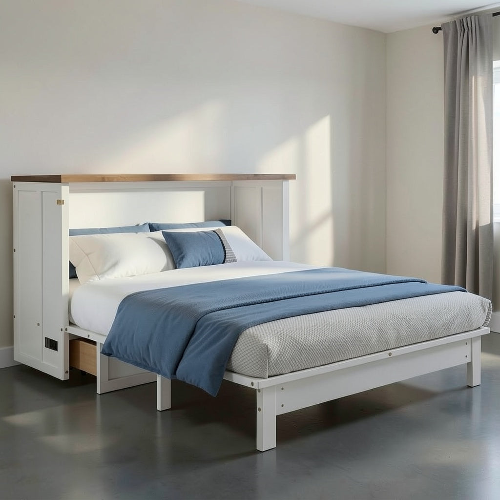 Queen Murphy Bed Chest Cabinet with Fold Out Platform, Hidden Sleep Conversion, and Two Tone Wood Design for Guest Room and Bedroom Use - brighthearthhome