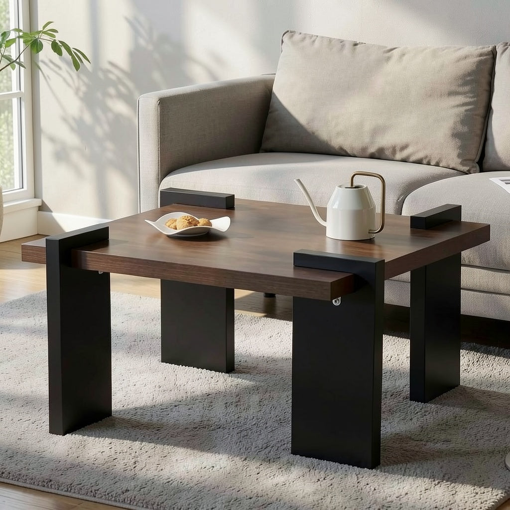 Modern Two Tone Coffee Table with Walnut Wood Look Top, Black Geometric Legs, and Contemporary Design for Living Room Use - brighthearthhome